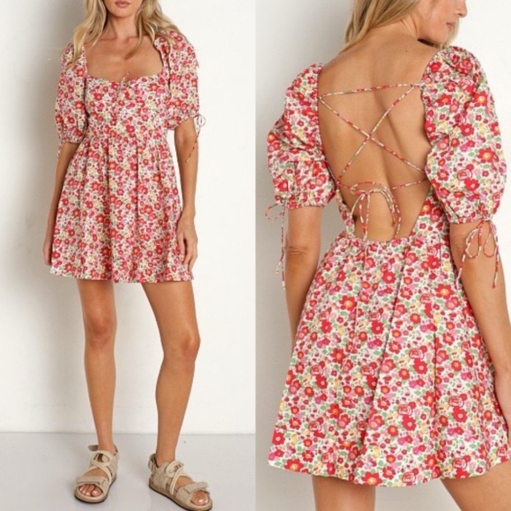 For Love & Lemons XS Floral Puff Sleeve Lace Up Back Mini Dress Red Pink Cotton